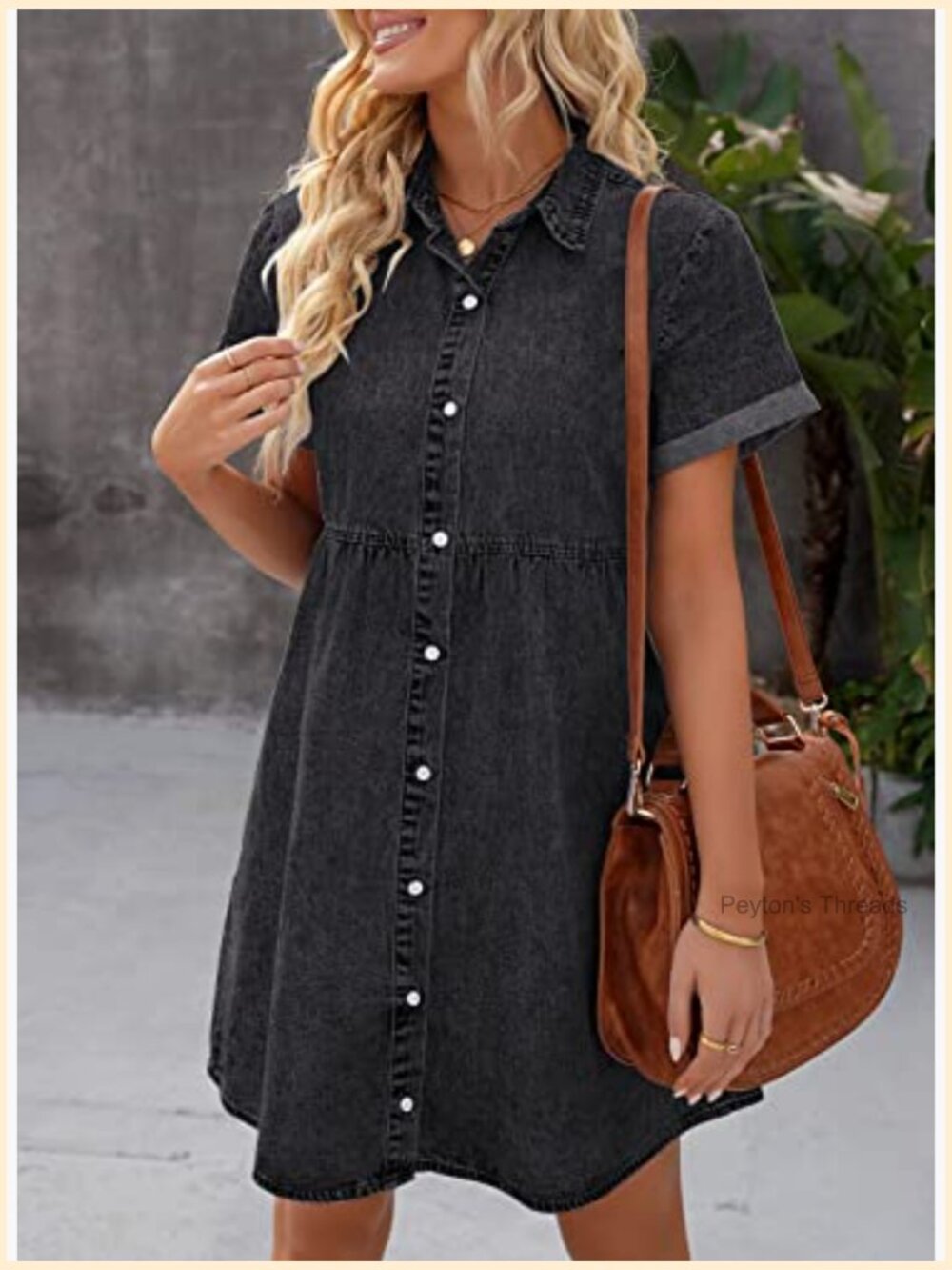 Short Sleeve Button Down Tiered Denim Babydoll Dress - Picture 6 of 7
